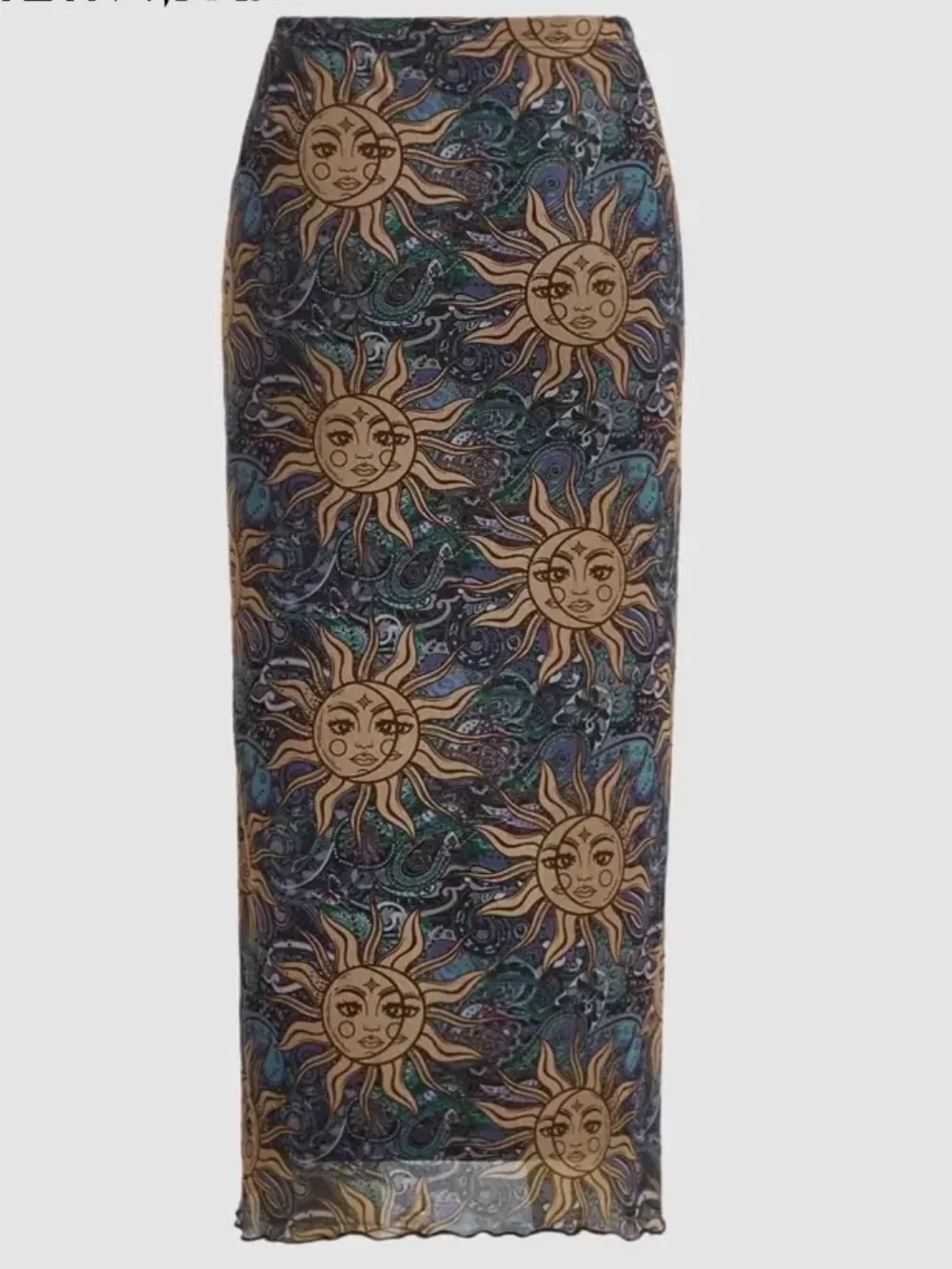 SHEIN MOD Sun Print Lettuce Trim Celestial Motif Maxi Skirt Medium - Picture 5 of 14